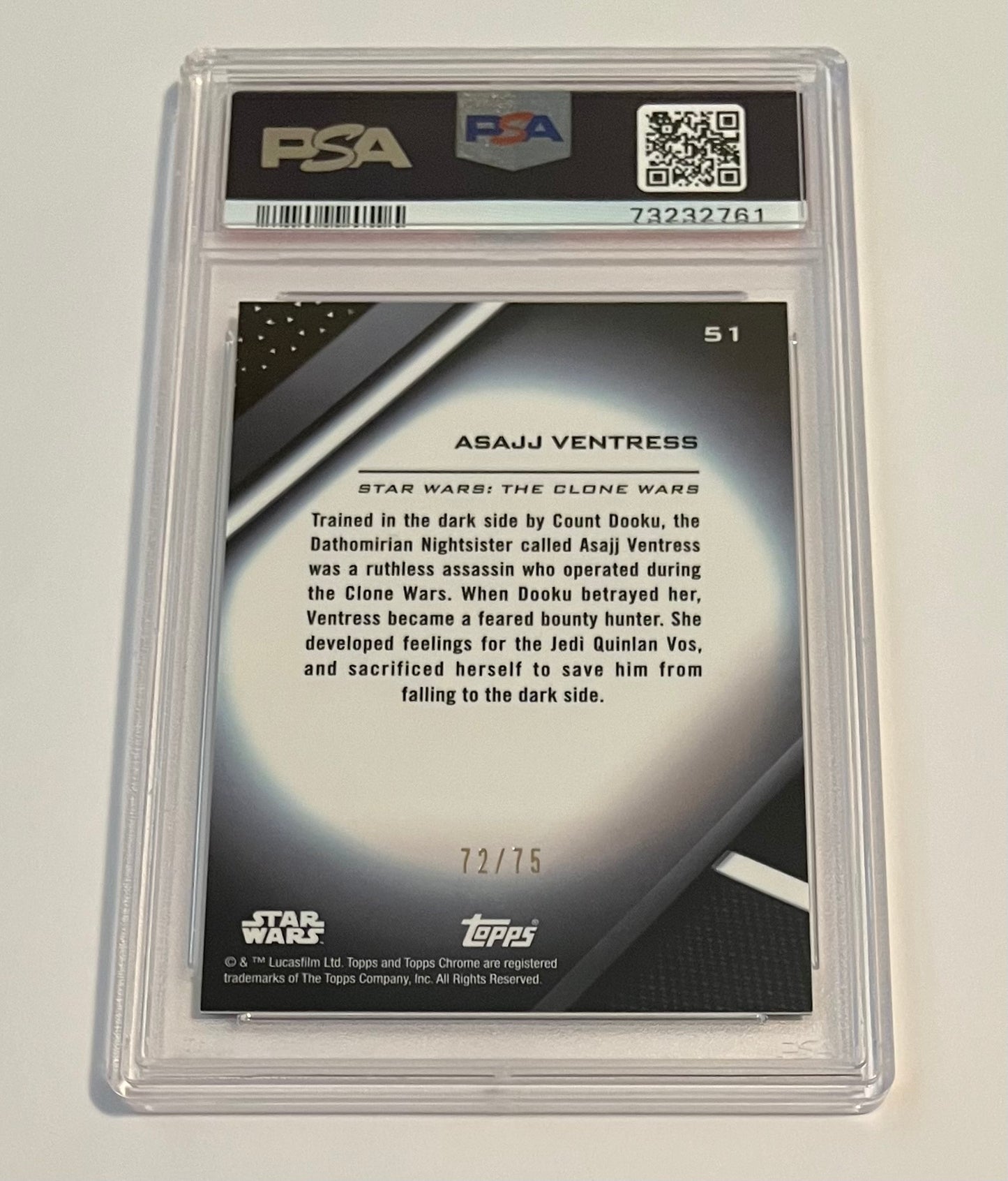 2022 Topps Chrome Black Star Wars Asajj Ventress Blue Refractor 72/75 #51 GEM MT (PSA 10)