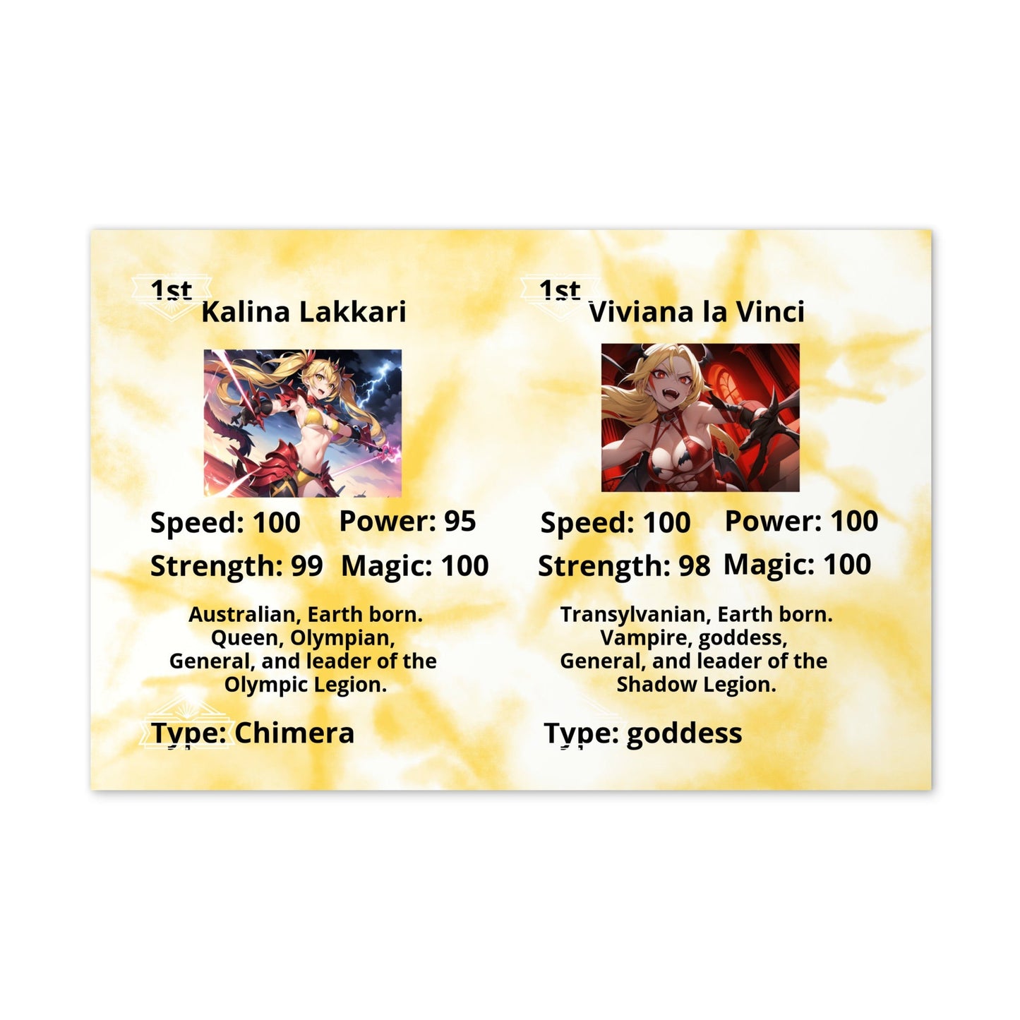 Prototype Kawieshans Collectible Trading Card Game 1st Edition Alpha Cards Kalina Lakkari / Viviana la Vinci (Uncut)