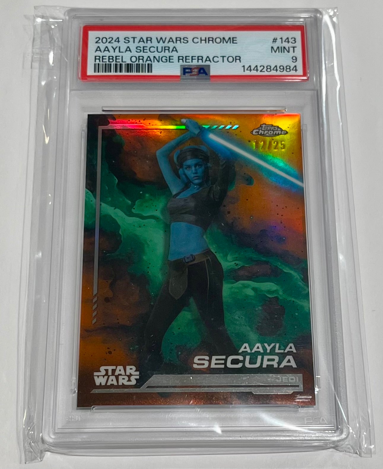2024 Topps Chrome Star Wars Aayla Secura Jedi Rebel Orange Refractor 12/25 #143 MINT (PSA 9)